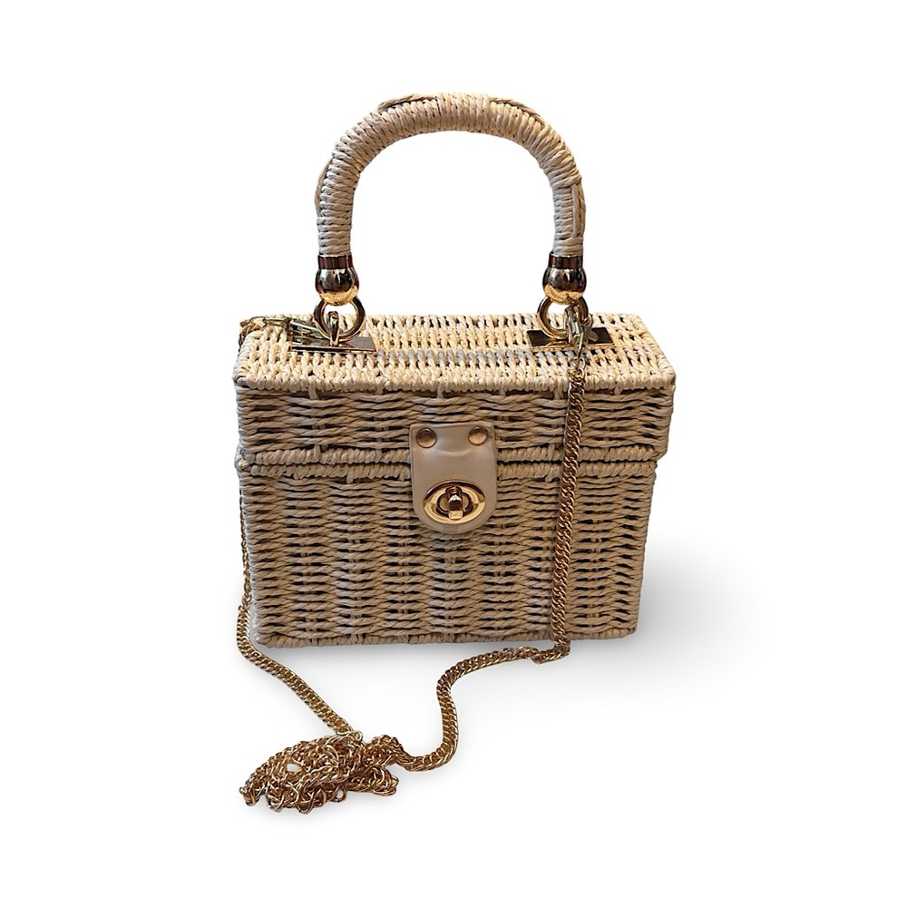 Mini Rattan square turn lock 2 way bag - gold tone chain strap - unbranded